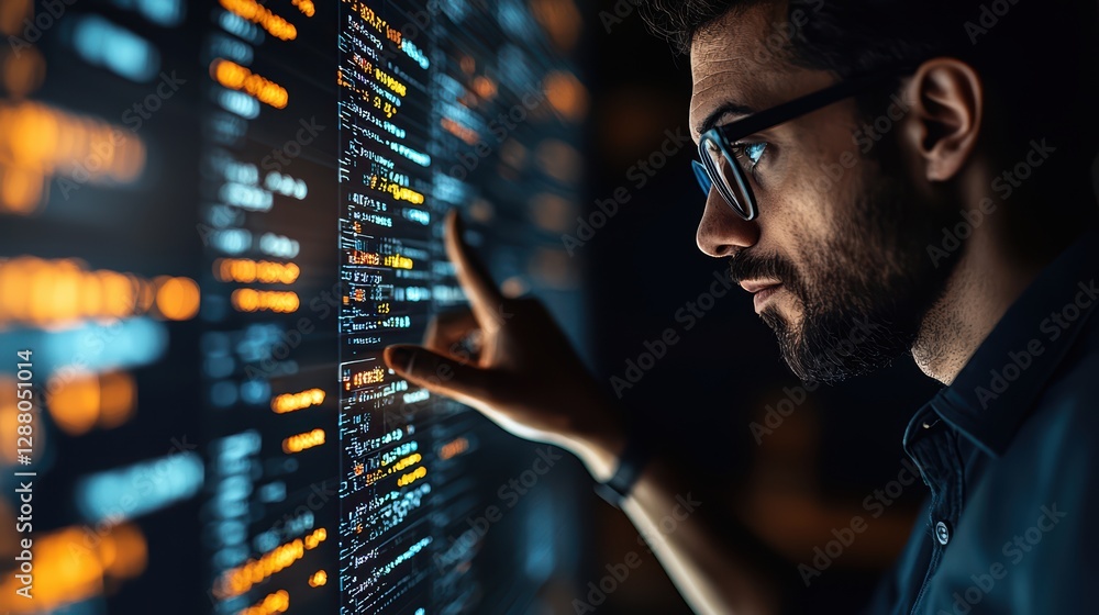 Poster young caucasian male programmer analyzing code on digital screen in dark room