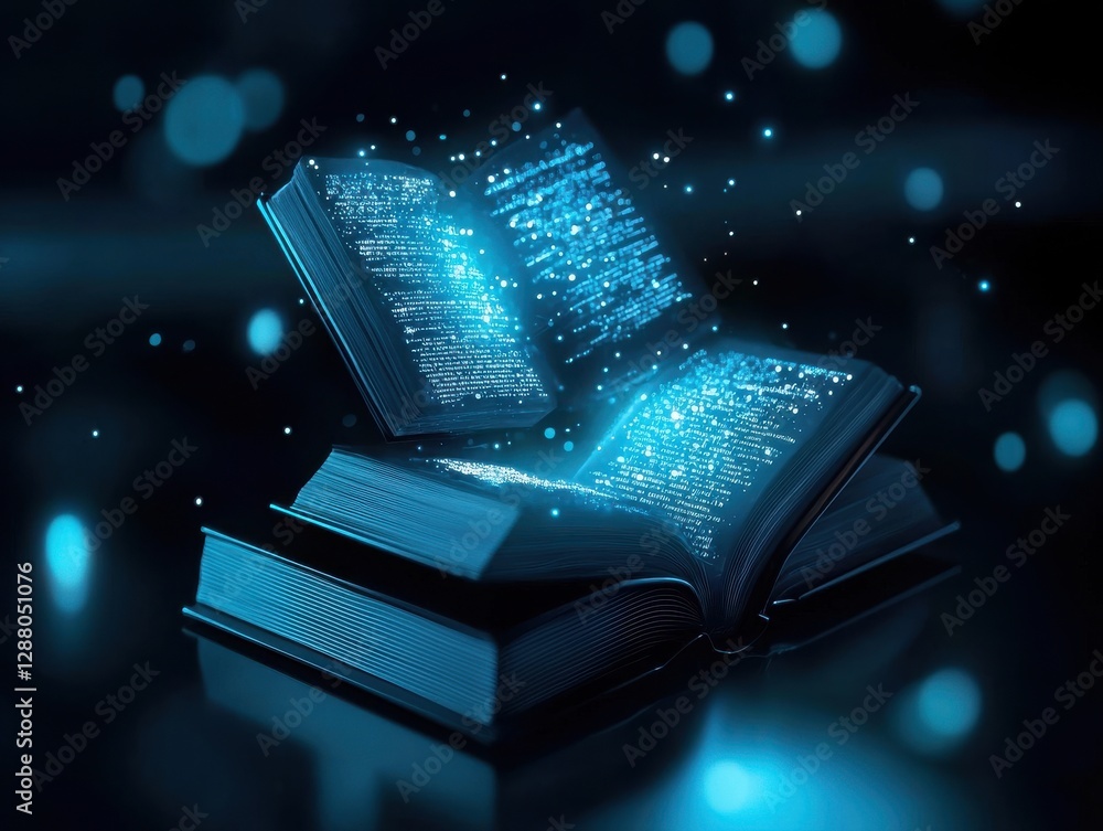 Poster an enchanting digital book glowing with blue light and floating particles, symbolizing knowledge and