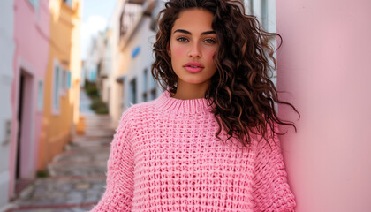 Beautiful woman (face portrait) on the street. Lifestyle, pink, hair, shopping, summer, city of Morocco / Italy / Spain
