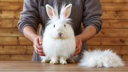 Farmer combing angora rabbit for wool harvesting