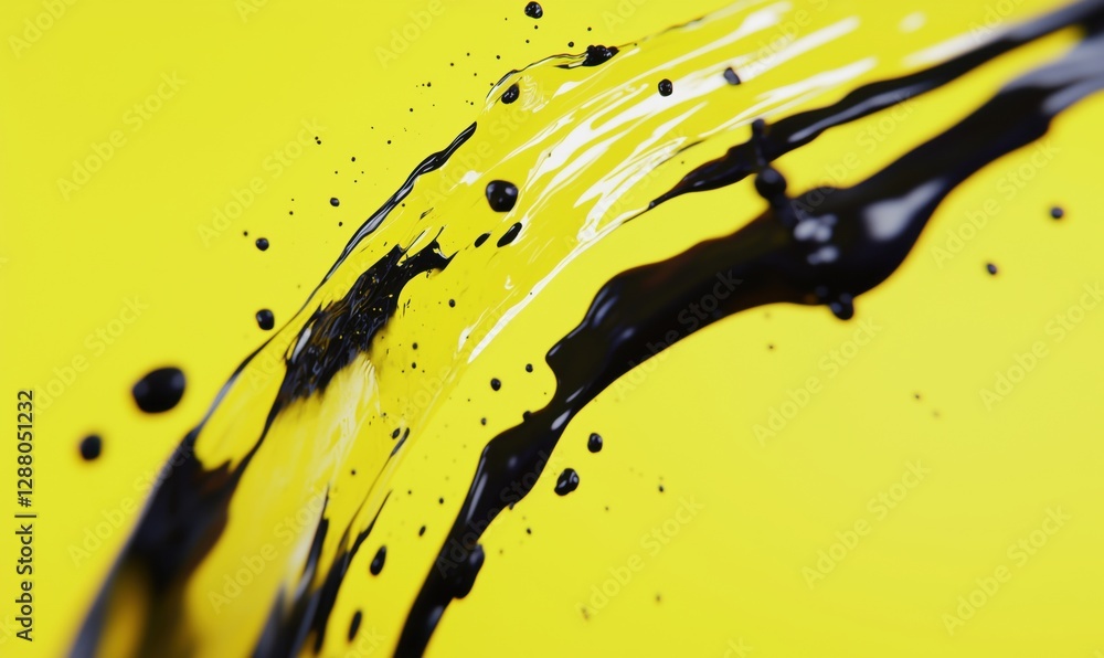 Poster black paint splash on vibrant yellow background creating dynamic visual contrast