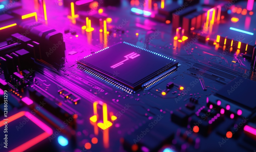 Poster futuristic circuit board with glowing neon lights and microprocessor details