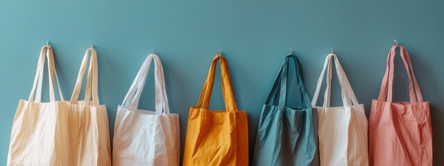 Colorful Reusable Shopping Bags Hanging on a Blue Wall for Sustainable and Eco-Friendly Lifestyle Choices