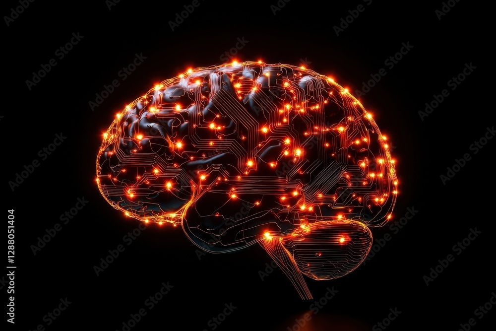 Poster a glowing brain made of circuits and lights, symbolizing the intersection of technology and human co