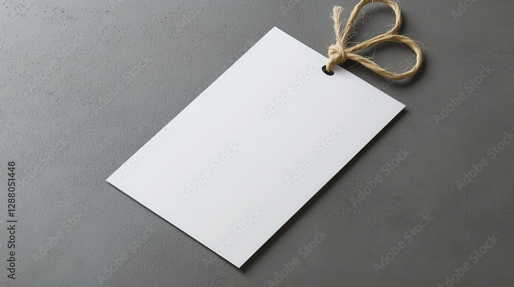 Poster minimalist blank tag with twine on gray background, perfect for branding and design projects.