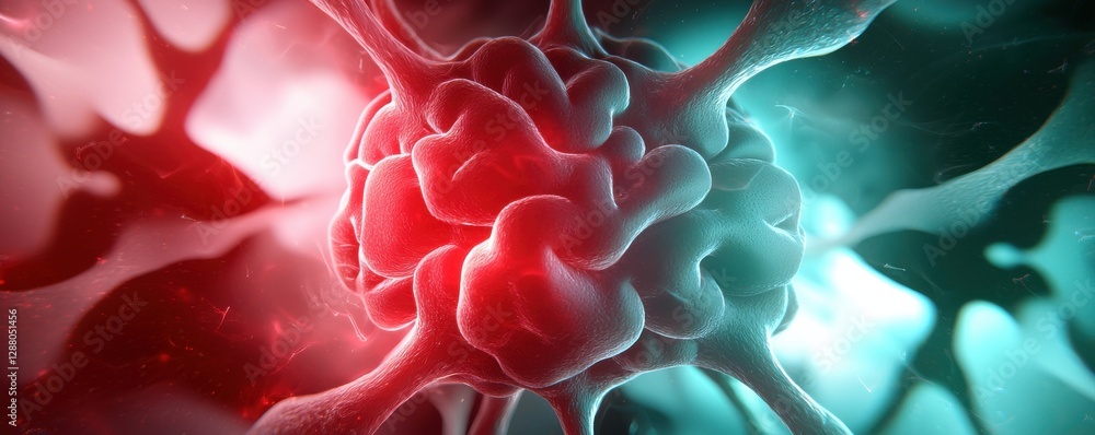 Poster a detailed rendering of a neuron-like structure, showcasing intricate textures and vibrant red and b