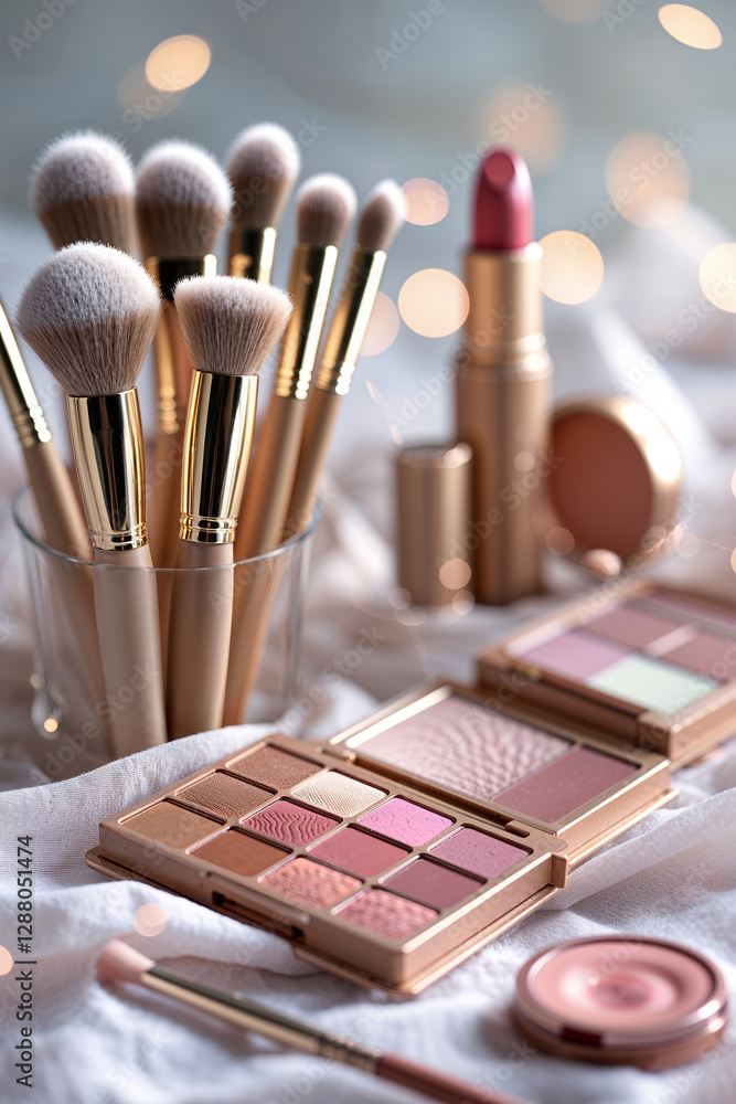 Poster makeup brushes and palettes arranged elegantly in a soft, illuminated setting with blurred lights in