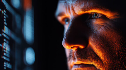 Intense expression of a man in a futuristic control room with glowing screens during a critical mission at night