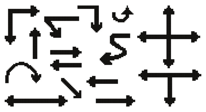 Pixel Art Black Directional Arrows. Simple Sign Directions Curved Backward curved, zigzag. Isolated Vector illustration in retro 8-bit style. Concept pointer symbols Inspired by video game aesthetic