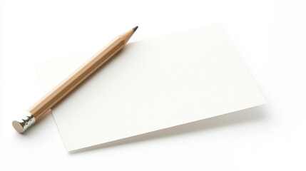 Minimalist composition of a pencil and blank card on white background, ideal for creative or educational themes.