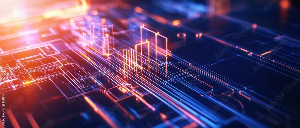 Poster a vibrant digital landscape showcasing interconnected lines and nodes, symbolizing data flow and tec