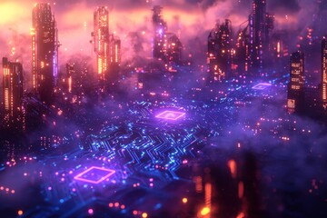 Obraz premium Futuristic city, neon glow, circuit board, digital art, aerial view, cityscape, high-tech