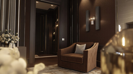 A chic and stylish living room in 3D, with brown mocha mousse walls, a contemporary brown armchair, and elegant decor elements, offering a warm, modern space with a welcoming and luxurious vibe.