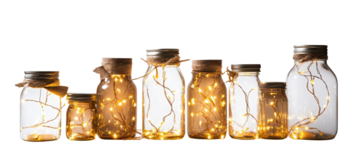 Assortment of decorative jars illuminated with string lights