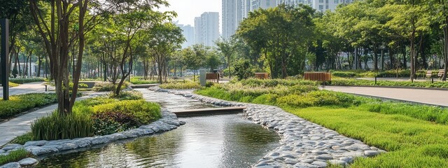 Tranquil Urban Park with Stream and Greenery Surrounded by Modern Cityscape on a Bright Sunny Day