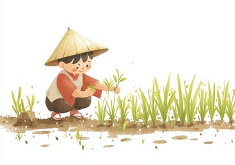 Child Planting Rice in a Paddy Field Pixel Art Illustration