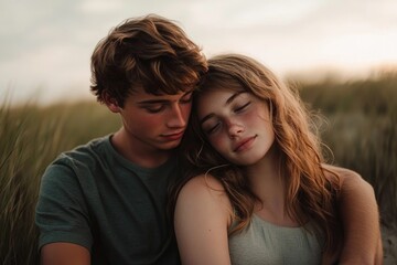 A young couple embraces in a serene grassy field, enjoying a peaceful moment together.