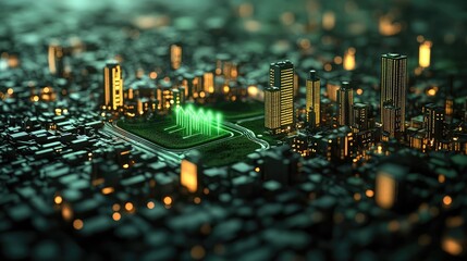 Earth day environmental idea. Aerial view of a city skyline with illuminated buildings and a park at night.