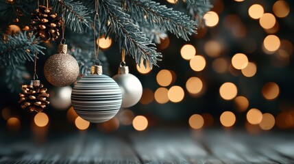 Festive christmas ornaments and pinecones on tree with warm bokeh lights