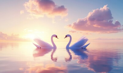 Fototapeta premium Two elegant swans gracefully gliding on a tranquil lake at sunset, with vibrant clouds reflecting
