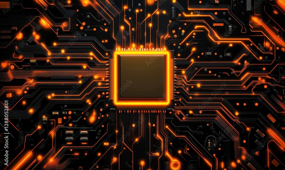 Poster Futuristic microchip design with glowing circuits and intricate patterns