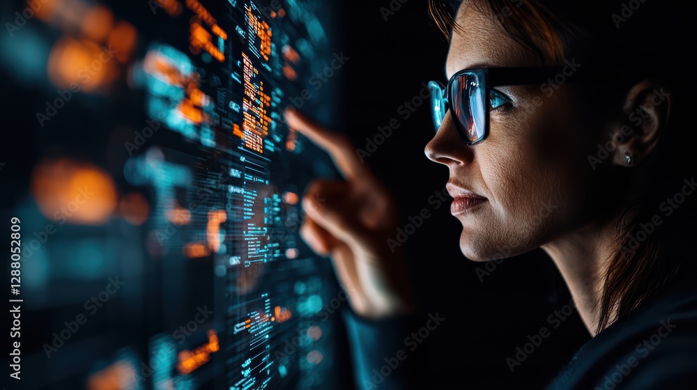 Poster female adult caucasian programmer analyzing code on virtual screen in dark environment