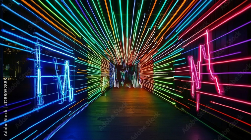 Poster the abstract background of futuristic technology incorporates neon lights and lines to represent net