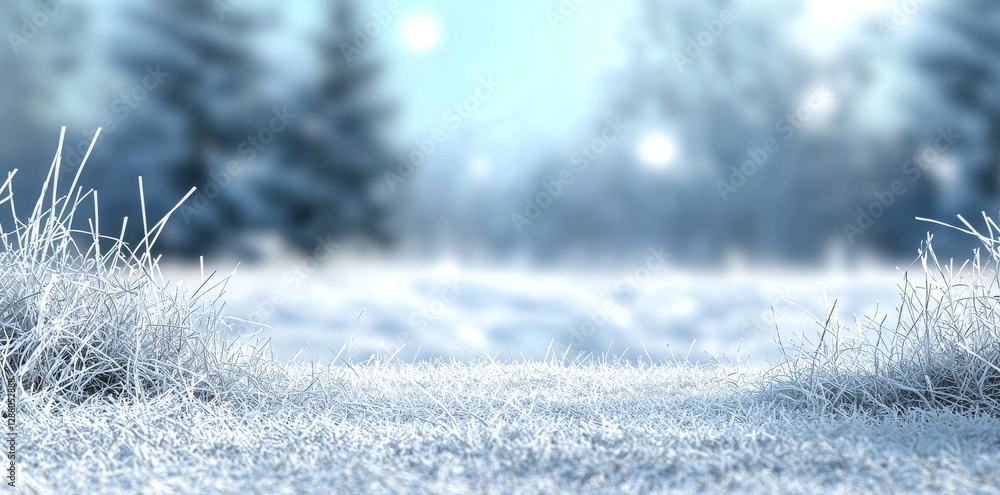 Poster a close-up panoramic view showing snow and ice on the ground, set against a blurred bokeh background