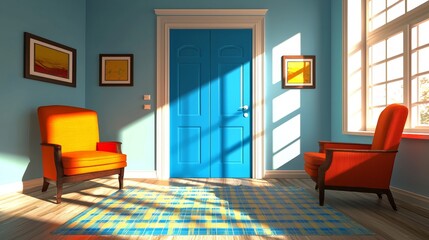 Fototapeta premium A retrofuturistic living room interior is illustrated, incorporating a sofa, an armchair, and a minimalist design that prominently showcases turquoise and orange colors
