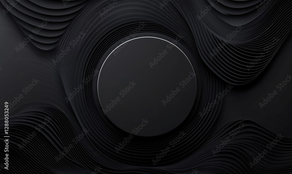 Poster abstract black background with circular shape and layered wave patterns