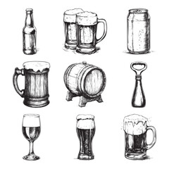 Set of beer vector illustrations - hand drawn beer - black and white beer isolated on white background
