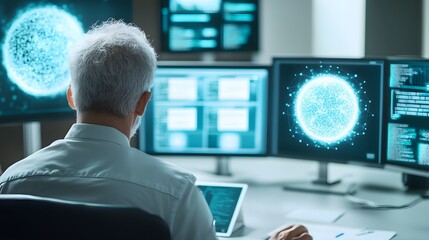 Fototapeta premium A scientist analyzes digital data on multiple monitors, focusing on intricate scientific visuals and futuristic displays.