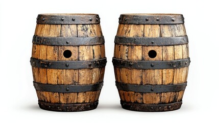 Fototapeta premium Two rustic wooden barrels, isolated, white background, pub decor