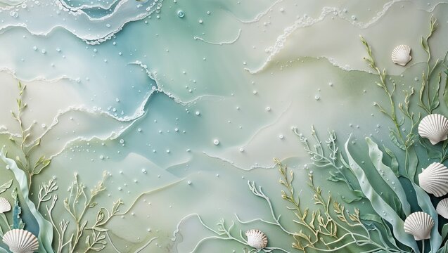 Serene Underwater Scene with Watercolor Texture, Seaweed, and Shells in Pastel Colors