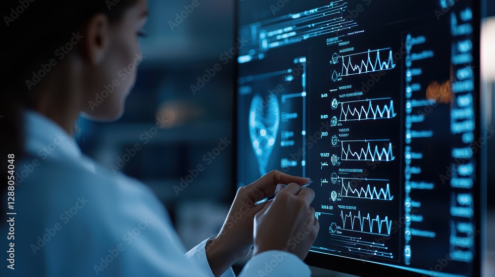 Poster female scientist analyzing data on high-tech monitor in modern laboratory