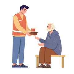 A volunteer offering food to an elderly homeless man.