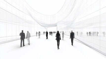 Architectural rendering of people walking through a structure with wired walls