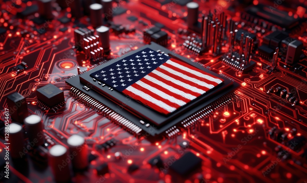 Aufkleber american flag integrated into computer circuit board design with red background