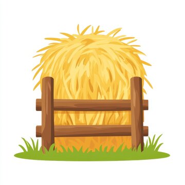 recommend clip art: Golden Hay Bale Behind Rustic Brown Wooden Fence on Green Grass