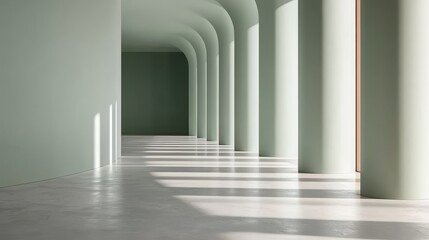 Futuristic sci-fi tunnel bathed in light. Abstract pastel green spaceship corridor. Future interior science concept background