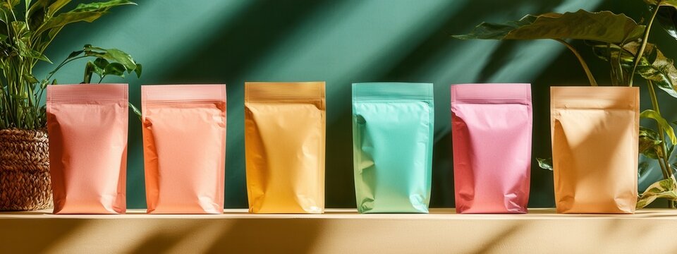 Colorful packaging bags on display against a vibrant background with soft shadows and lush greenery
