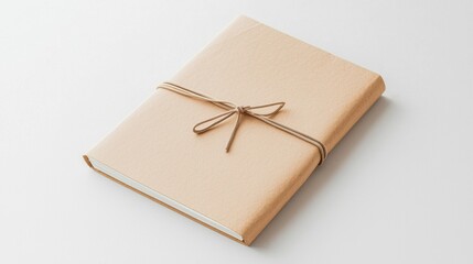 Minimalistic brown paper-wrapped book with tied string on white background, creating a simple and elegant look.