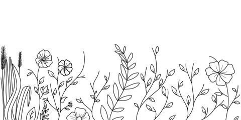 Naklejka premium A border of wildflowers and herbs blooming in a meadow. Horizontal seamless banner decoration