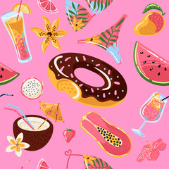 Pink summer pattern with fruits, flowers, cocktails and bikini. Vector seamless pattern, summer vacation
