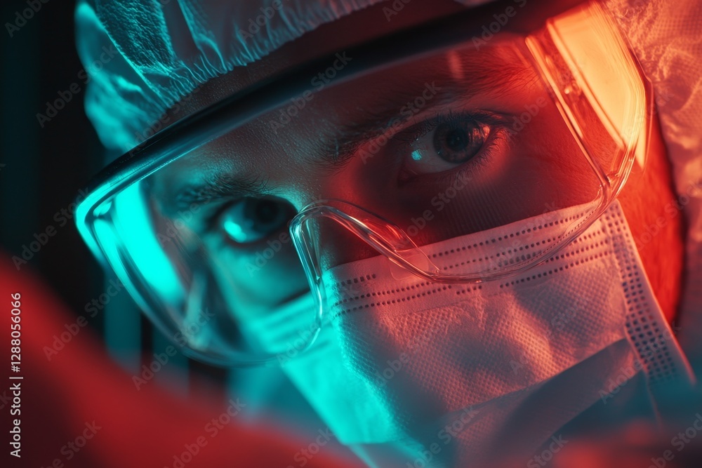 Poster a stock image capturing a scientist's intense focus, with the individual properly attired in safety 