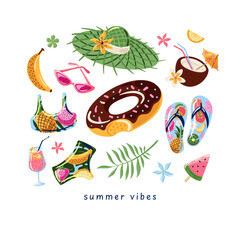 Vector beach illustration: bikini, swimming ring, cocktails and florals.