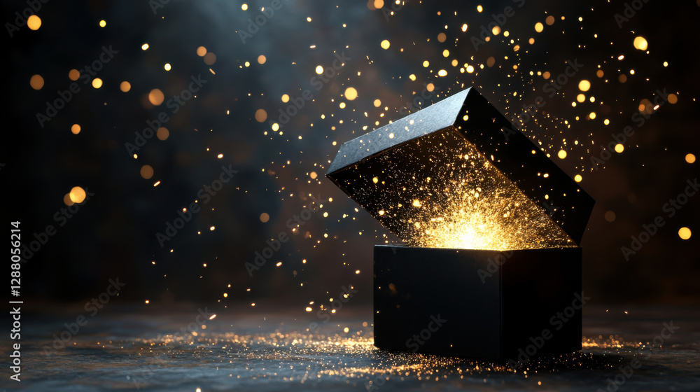 Poster sparkling light bursts from an open black box creating an enchanting atmosphere