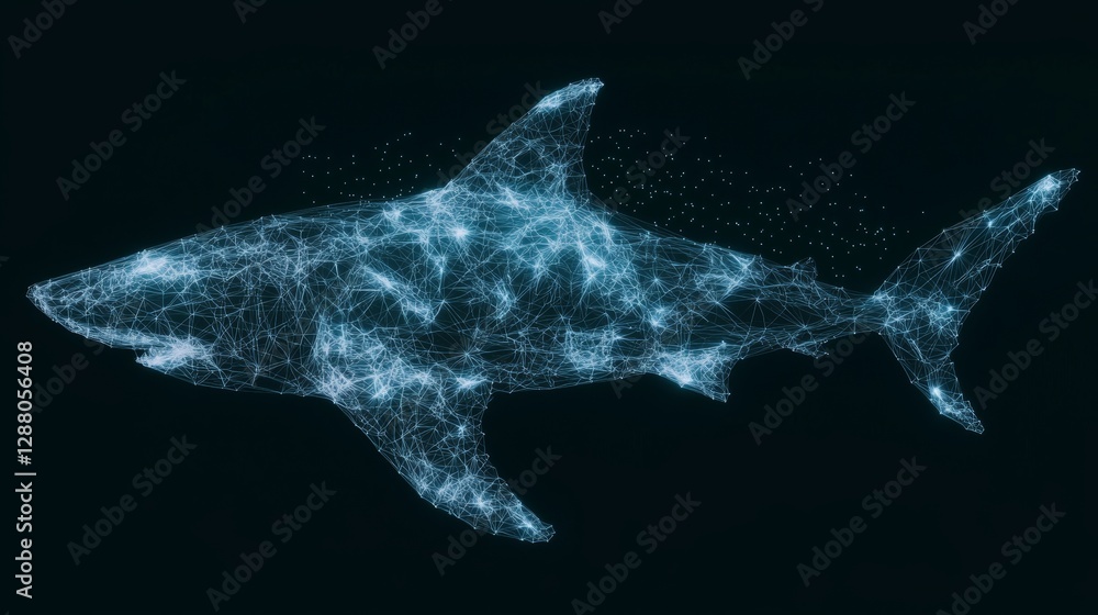 Poster a 3d design prior to rendering, featuring a wireframe-based display of a blue neon shark hologram wi