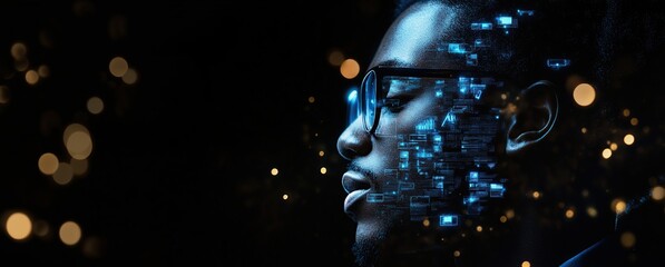 African American Man Head Transforming Digital Icons Future Tech Business Innovation Black Background Copy Space