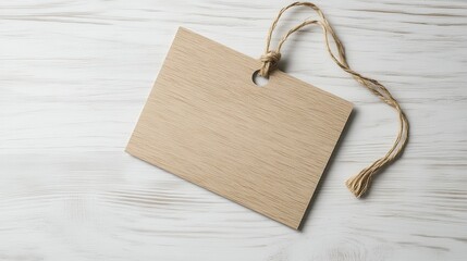 Natural wood tag with string on light wood background. Perfect for crafts, labels, and DIY projects.